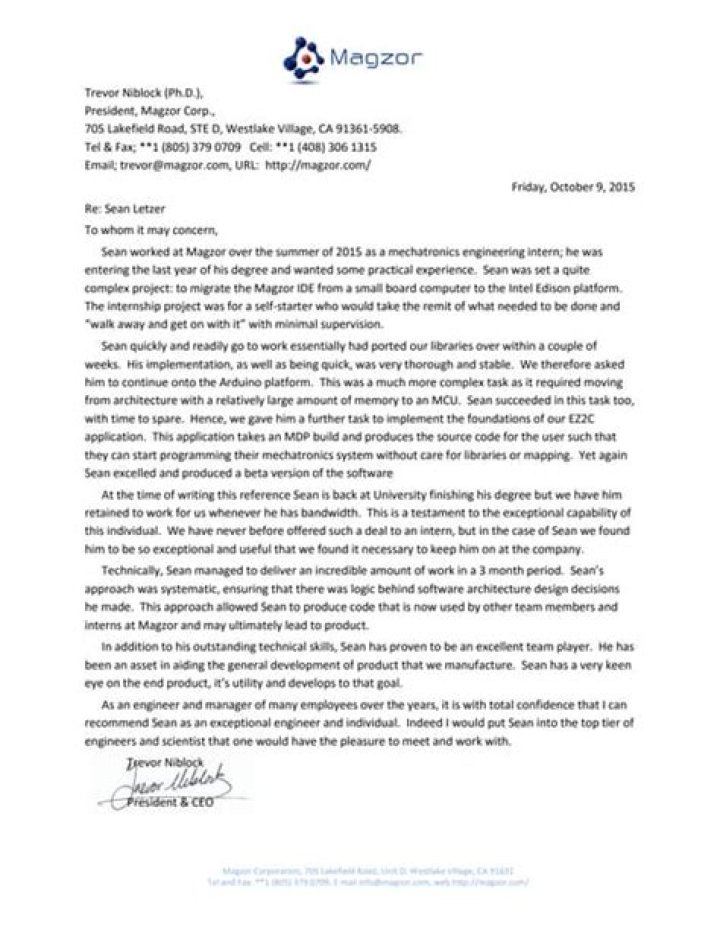 Sean Lowe Letter