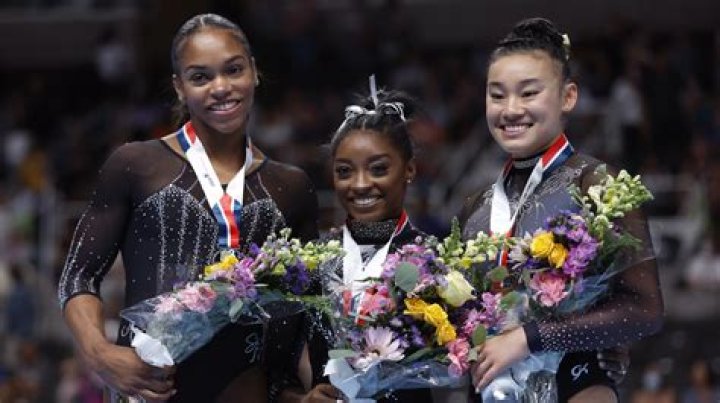 Simone Biles (C) wins first place, Shilese Jones (L) wins second place, and Leanne Wong (R) wins third place overall in the US Gymnastics Championships Women's Day 2 at SAP Center in San Jose, California, USA, 27 August 2023. US Gymnastics Championships, San Jose, USA - 27 Aug 2023